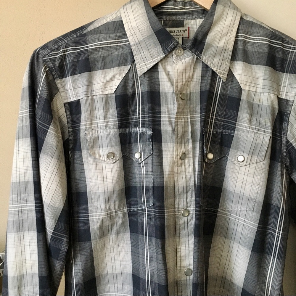 100% Cotton Guess Gray White Plaid Long Sleeve Pearlized Buttons Shirt
